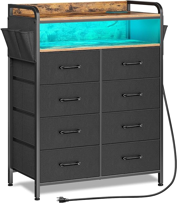 Dresser with Power Outlets and LED Lights, 8 Drawers Dresser with Side Pockets