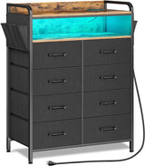 Dresser with Power Outlets and LED Lights, 8 Drawers Dresser with Side Pockets