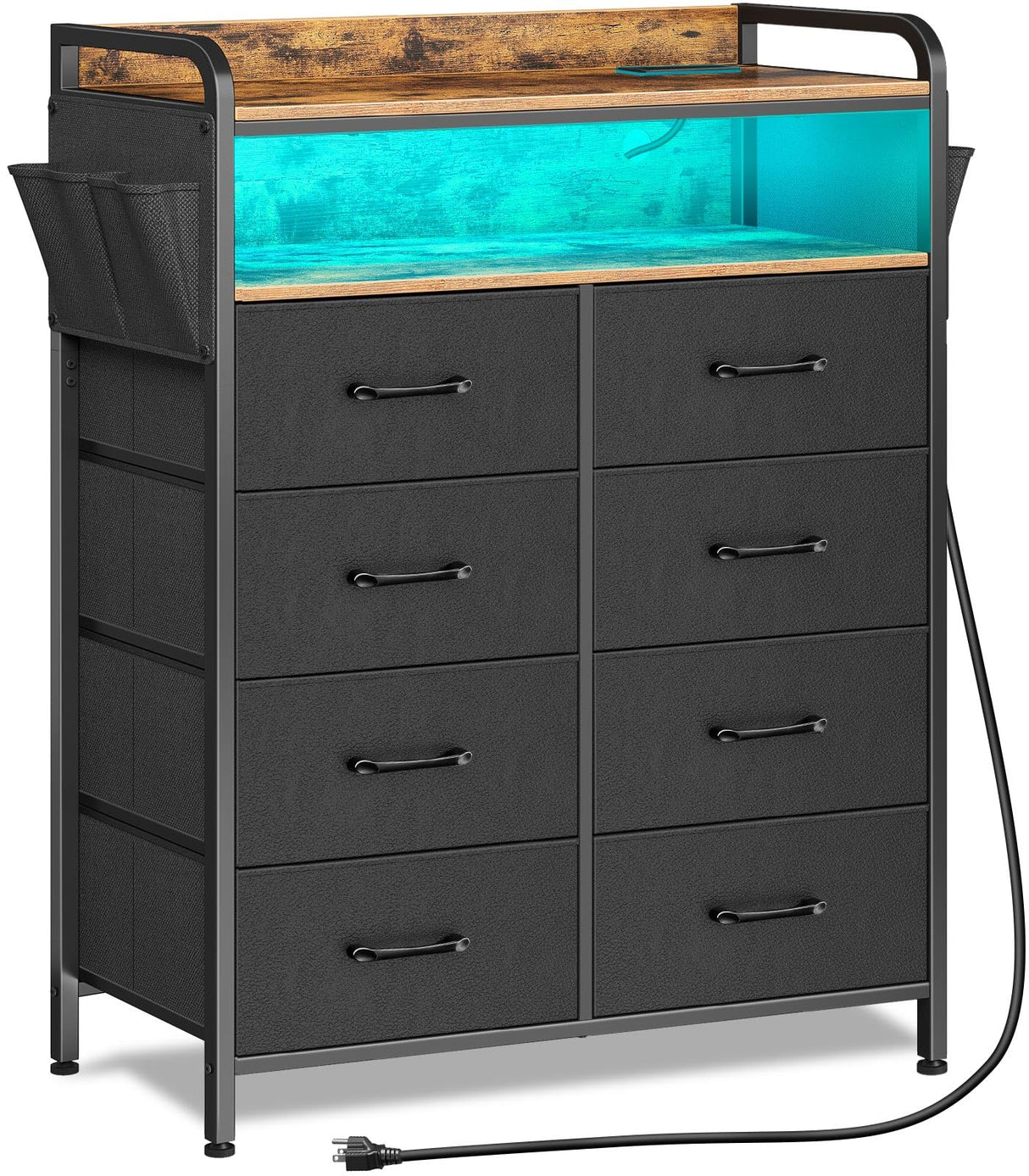 Dresser with Power Outlets and LED Lights, 8 Drawers Dresser with Side Pockets, Fabric