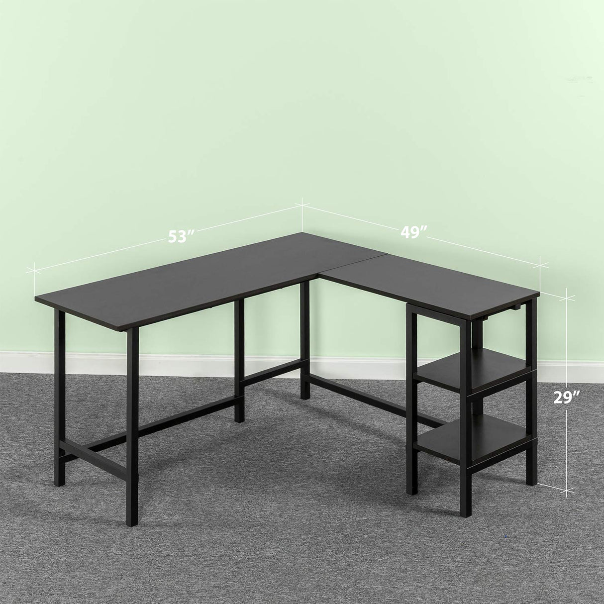 Luke 53 Inch Black Metal Corner Desk with Storage Shelves, L-Shaped Computer Desk