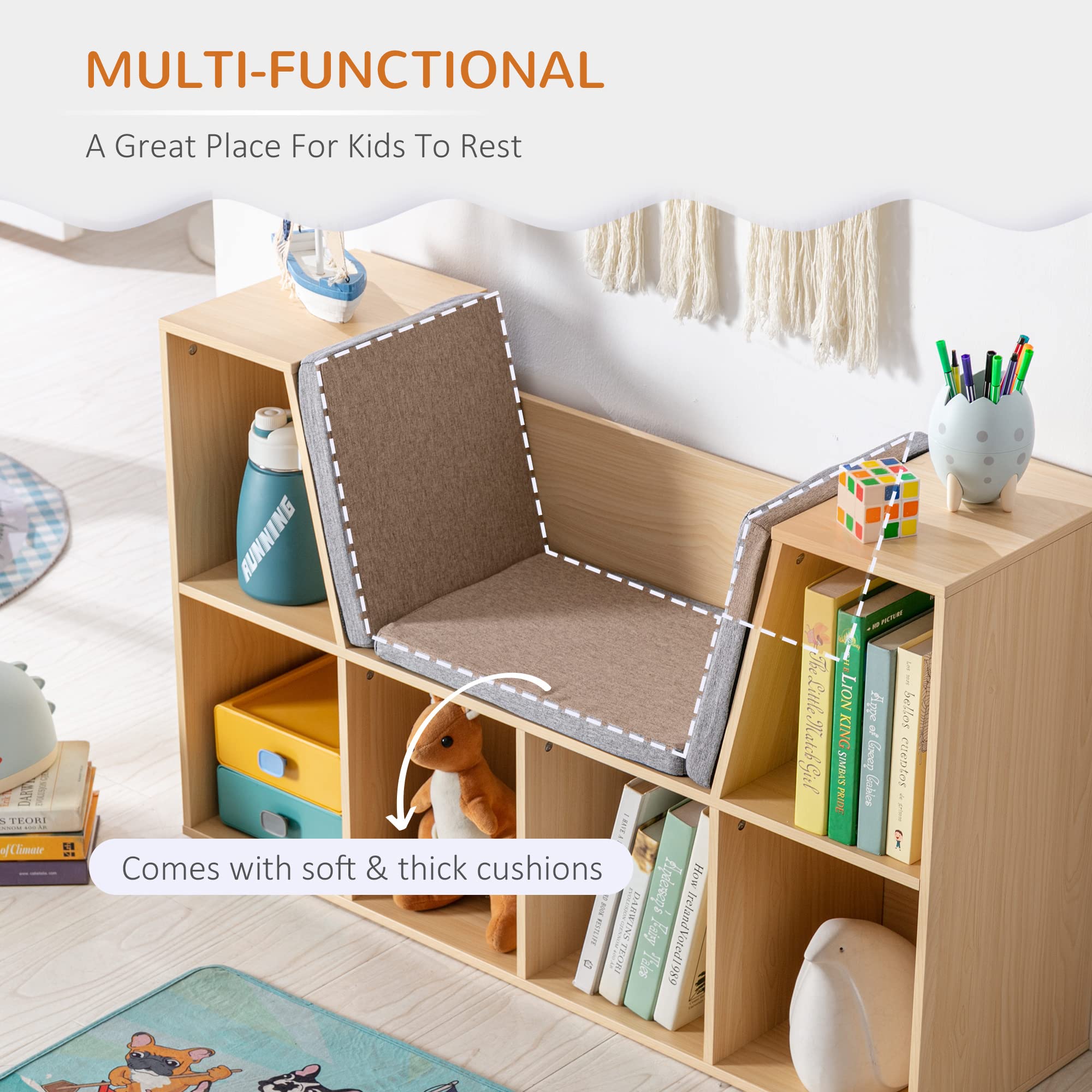 HOMCOM 6-Cubby Kids Bookcase with Reading Nook and Cushion, Multi-Purpose Storage Organizer for Bedroom, Living Room, Natural