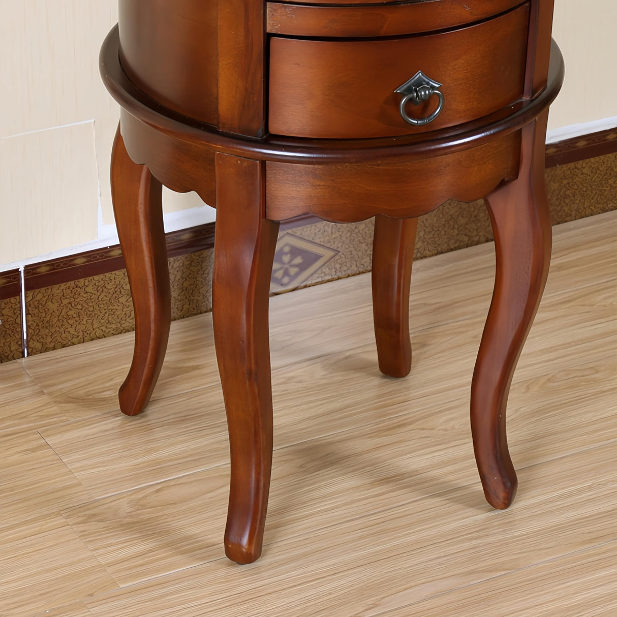 Solid Wood End Table with Drawer, Round Side Storage Table Nightstand, Living Room