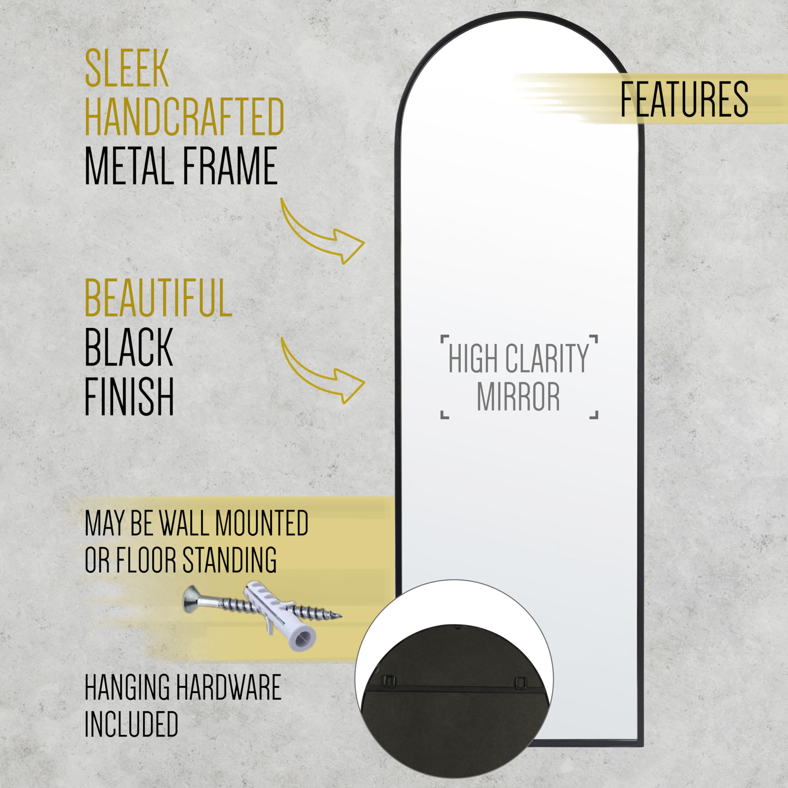 Black Arched Full Length Mirror - 65x22 Minimalist Metal Frame