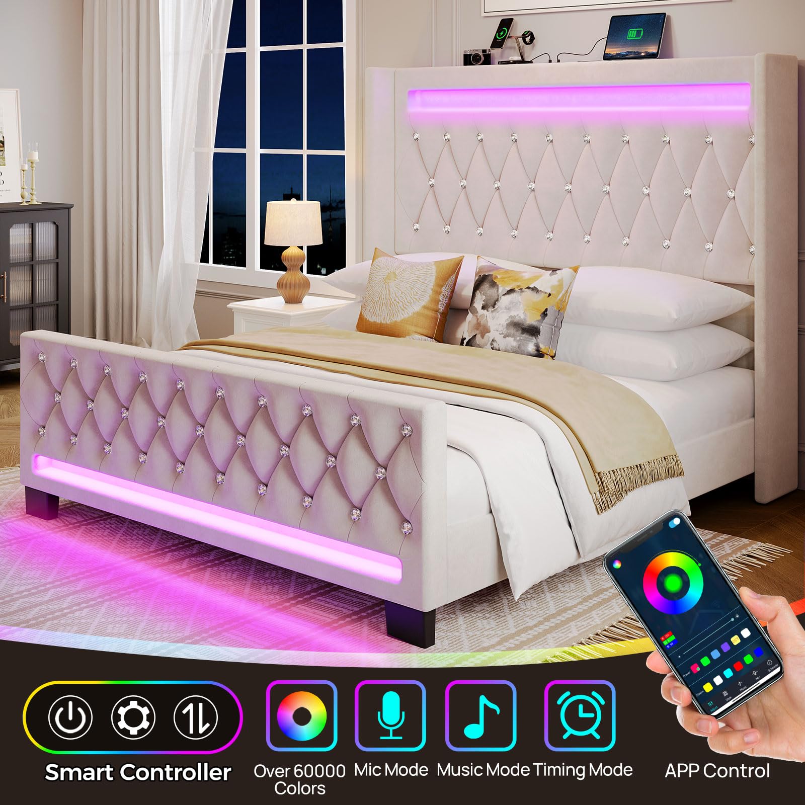 Full Bed Frame with LED Lights and Charging Station