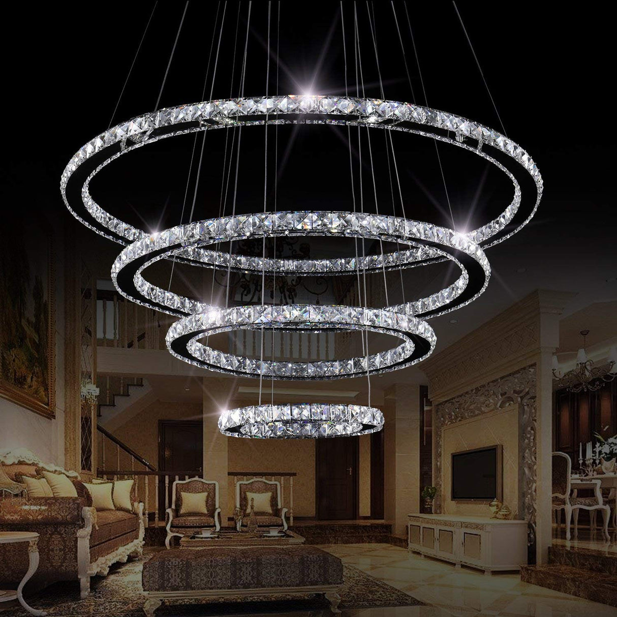 Modern Crystal Chandelier 4 Rings Adjustable Ceiling-Lighting Creative Simple Dining