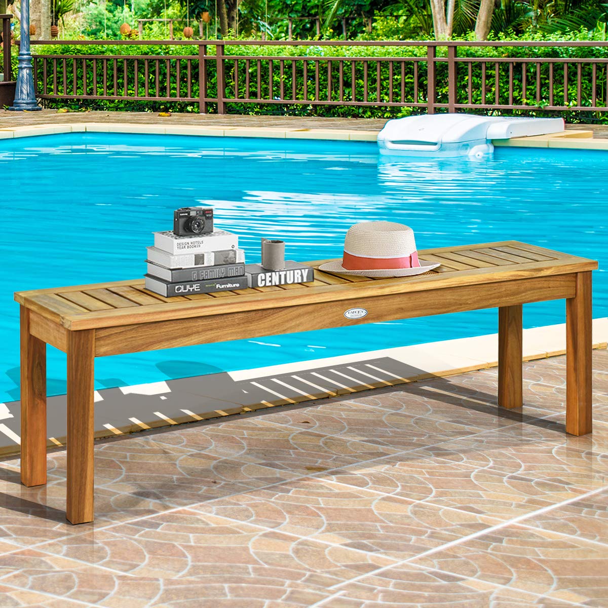 52 Inches Acacia Wood Outdoor Bench, Wood Bench for Dining Room Entryway Poolside