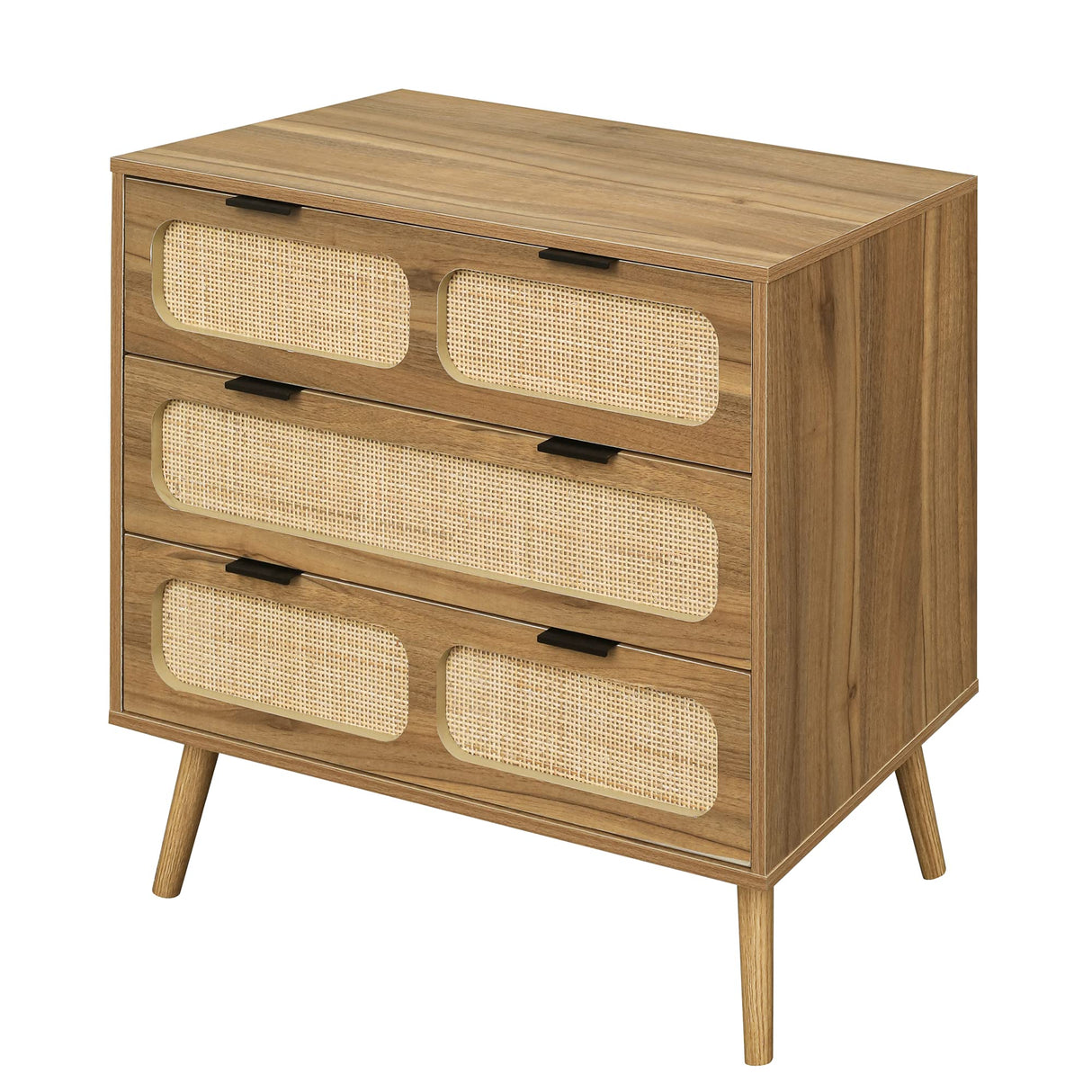 3 Drawer Dresser, Modern Rattan Dresser Chest with Wide Drawers and Metal Handles