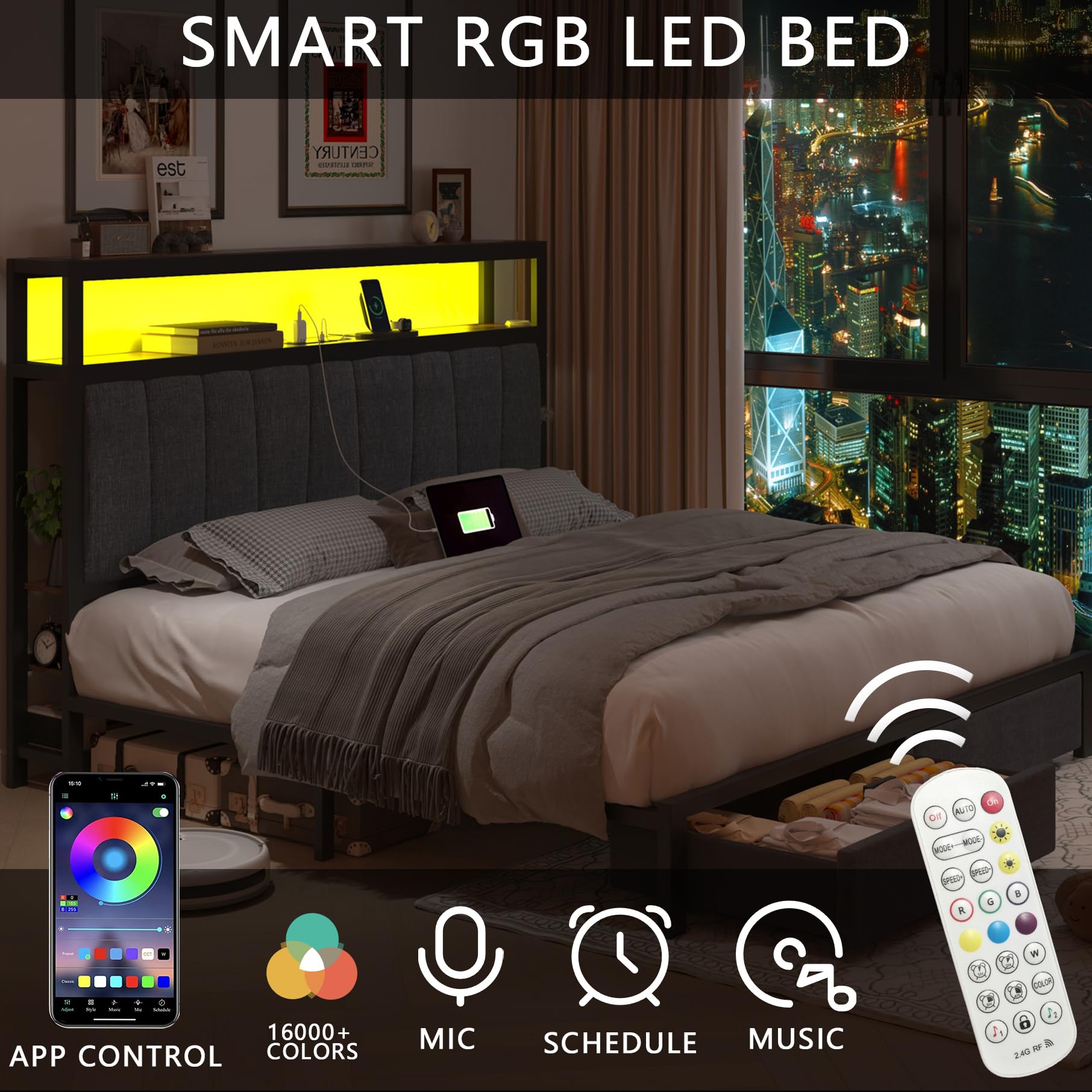 Fastroby LED Bed Frame Queen Size with Storage, Upholstered Queen Bed Frame with 2-Tier Charged Headboard and Drawers, 6-Side-Storage, Dark Grey