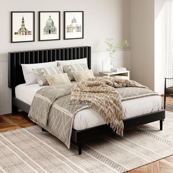 Queen Size Platform Bed Frame with Velvet Upholstered Headboard, queen bed frame