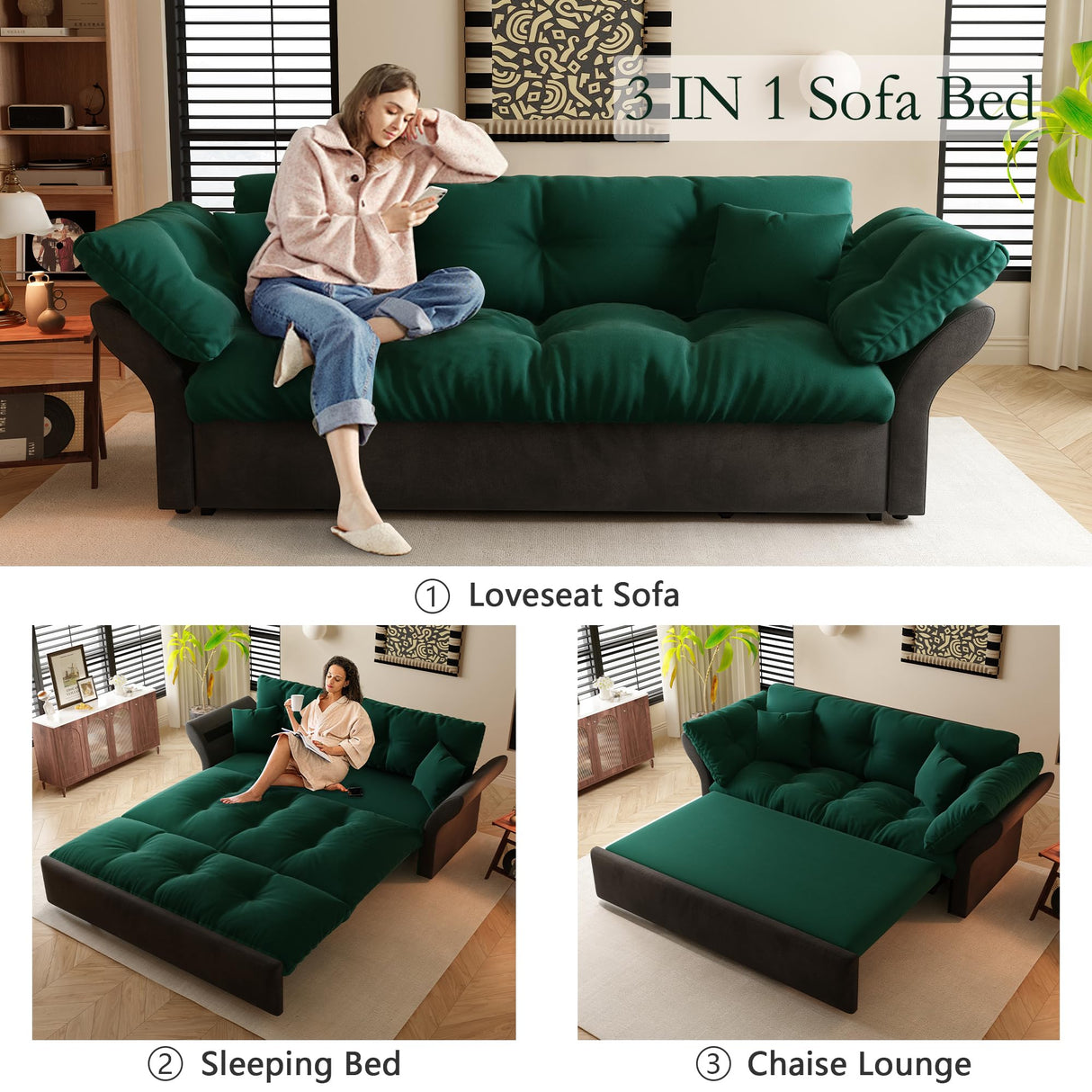 GNIXUU 74.8” Queen Pull Out Sofa Bed, Luxury Velvet Convertible Sleeper Sofa Couch with Side Storage, Comfy Cloud Futon Bed Pull Out Couch for Living Room, Apartment, Small Space(Green)