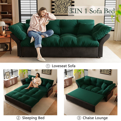 GNIXUU 74.8” Queen Pull Out Sofa Bed, Luxury Velvet Convertible Sleeper Sofa Couch with Side Storage, Comfy Cloud Futon Bed Pull Out Couch for Living Room, Apartment, Small Space(Green)