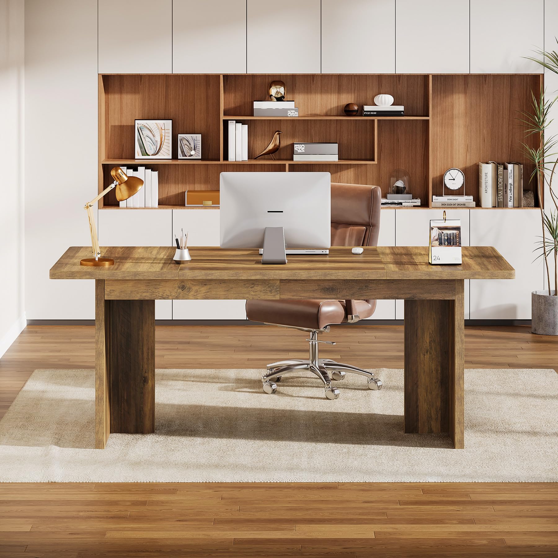 Tribesigns 70.87 Inches Executive Desk, Large Wood Computer Desk Writing Table with Sturdy Frame and Thick Tabletop for Gaming Working Study, Easy Assembly Workstation for Home Office, Brown