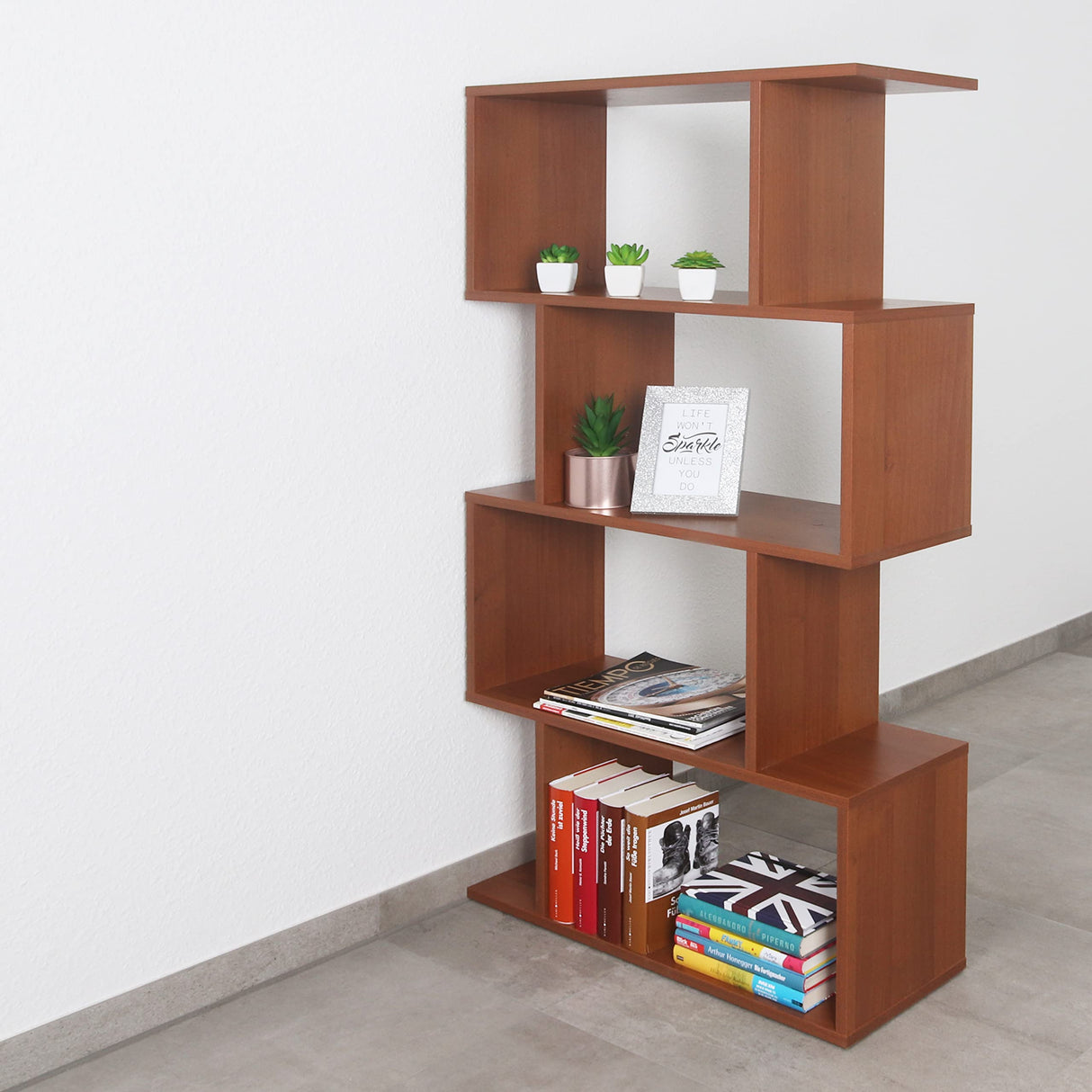 RICOO WM071-ER Storage Shelf 129 x 70 x 25 cm Bookcase Wooden Furniture Organiser Large Capacity 4 Compartments Open Oak Colour Brown