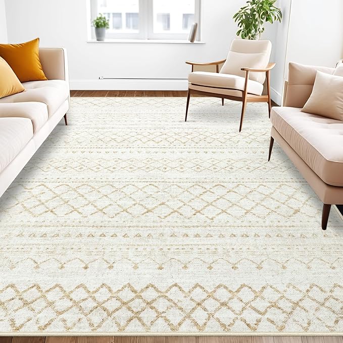 Area Rug for Living Room 9x12: Large Washable Boho Moroccan Rugs Geometric Neutral Rug