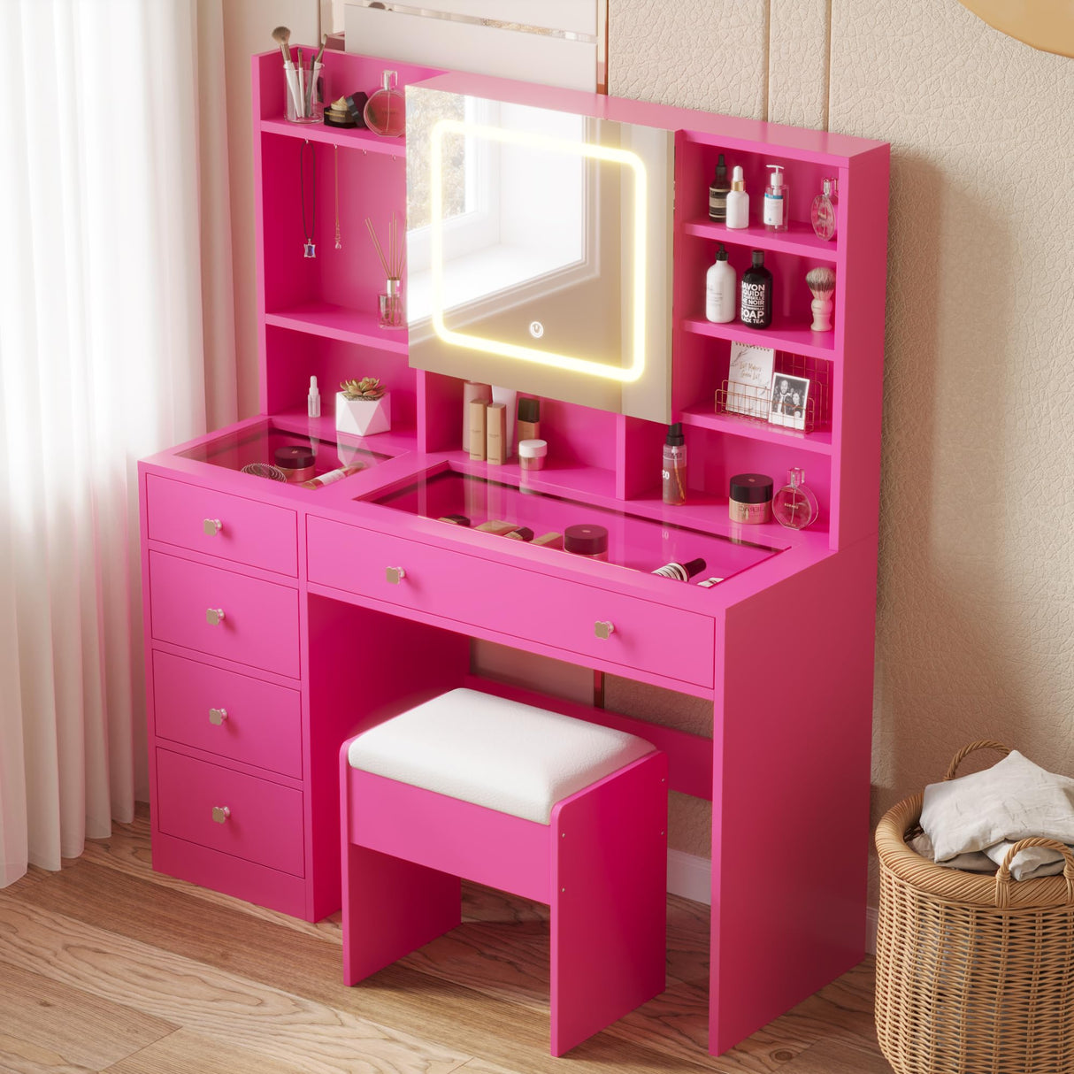 Vanity with Lighted Mirror Bedroom Vanity Desk with Charging Station Large Vanity Set with Transparent Desk, Drawers, Cabinet, Shelves for Storage in Bedroom, Pink