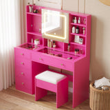 Vanity with Lighted Mirror Bedroom Vanity Desk with Charging Station Large Vanity Set with Transparent Desk, Drawers, Cabinet, Shelves for Storage in Bedroom, Pink