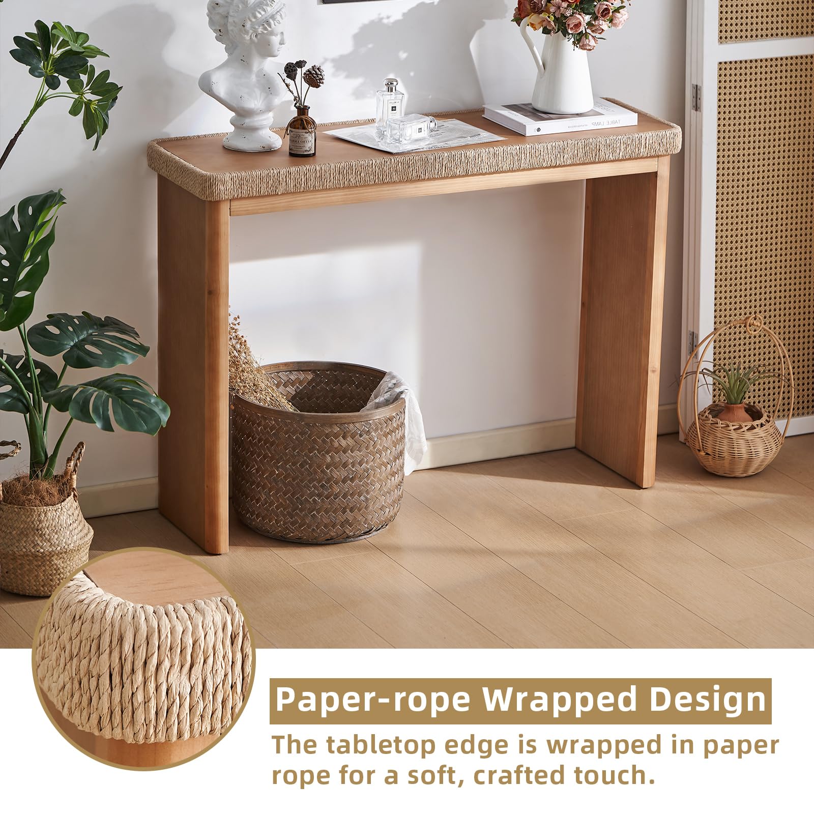 43" Farmhouse Console Table with Rattan Decor - Natural Wood Entryway Table