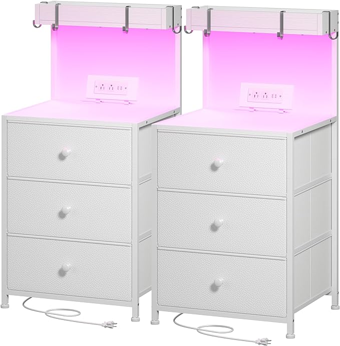 Tall Nightstand with Charging Station and Led Lights Nightstand