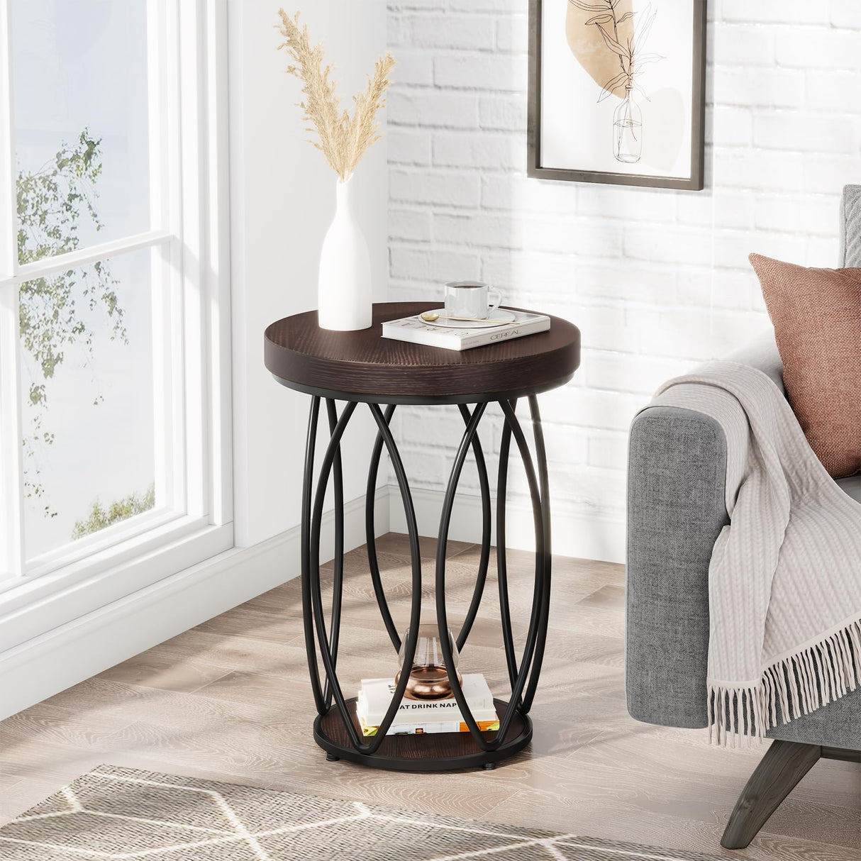 LITTLE TREE Round End Table Set of 2 Small Bedside Table with Metal Frame for Living Room, Bedroom