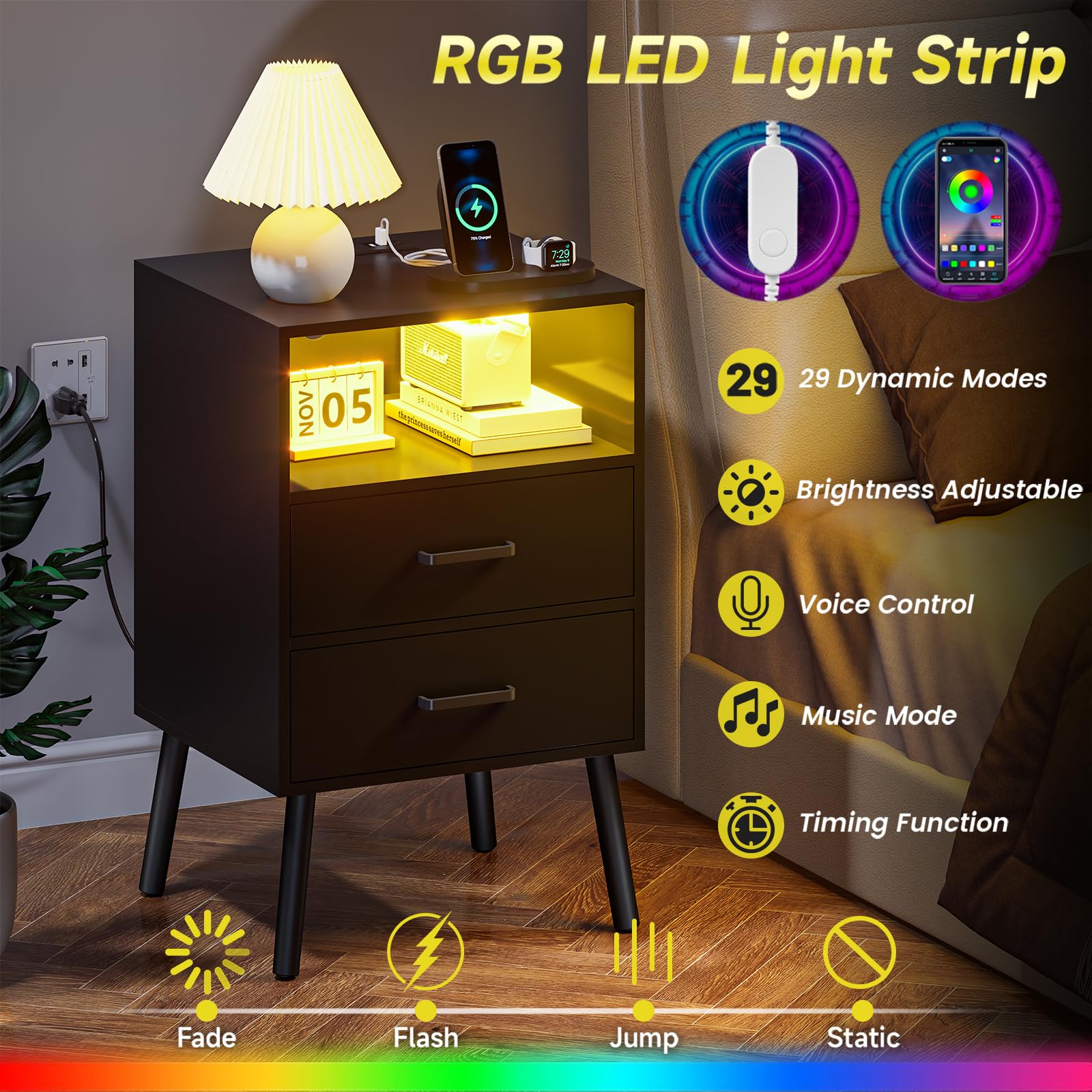 Nightstand with Charging Station and LED Lights, Night Stand with Drawers and Open
