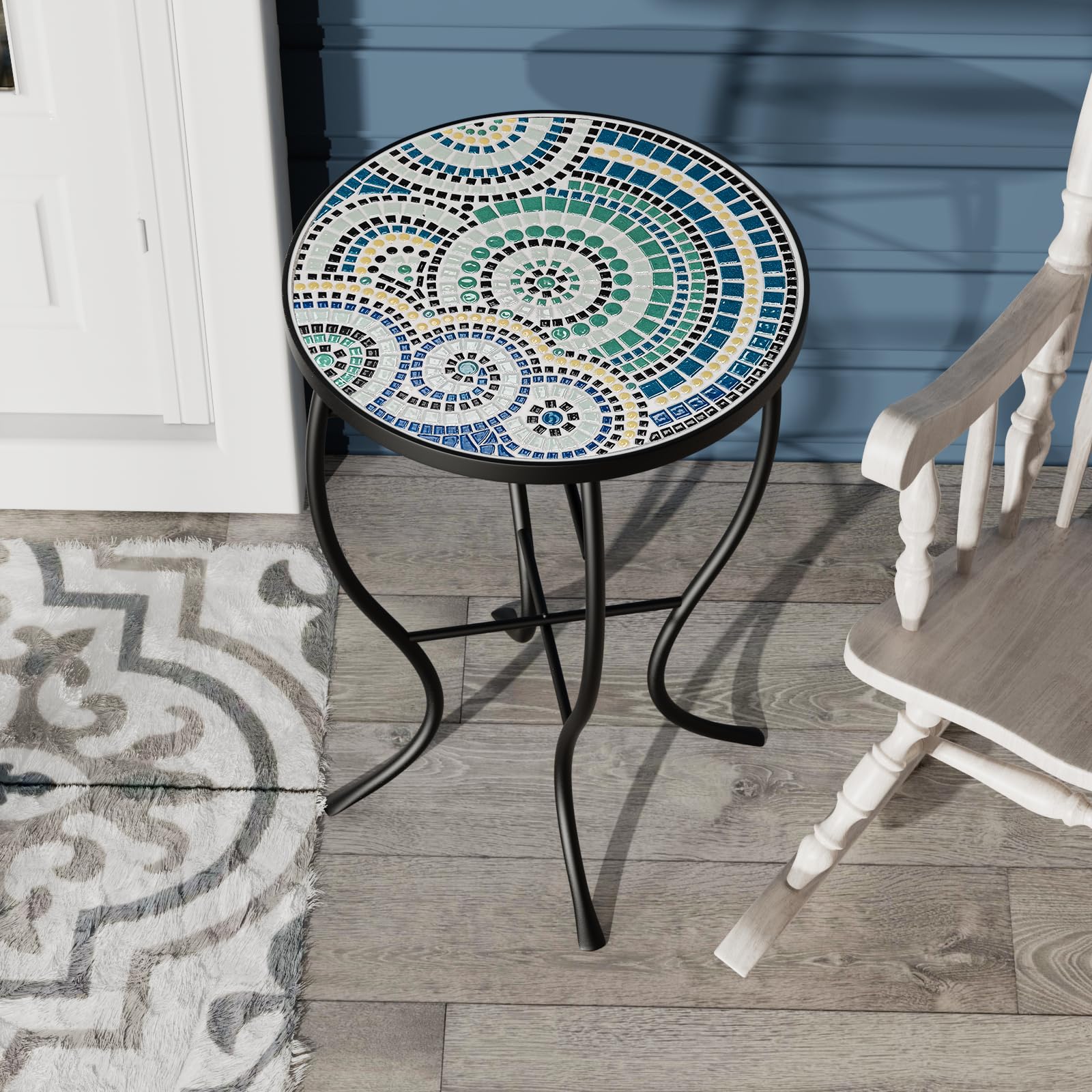 FROMJBEST Mosaic Outdoor Side Table, Patio Side Table, Weather Resistant 14" Diameter 21" H Ceramic Tile Round Outside Table for Patio, Porch, Garden, Pool, Indoor&Outdoor,Plant Stand (Vortex) - Bircata