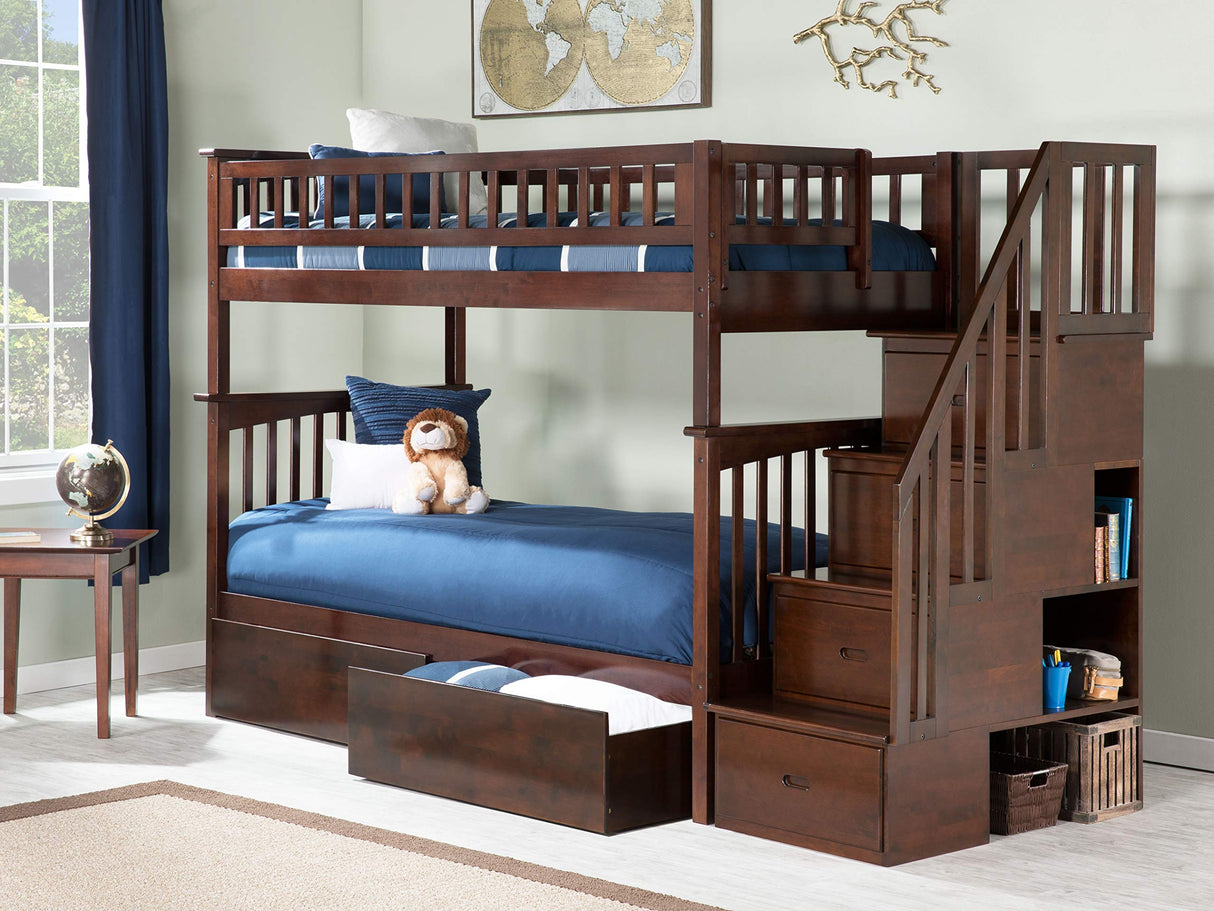 Columbia Twin over Twin Size Staircase Bunk Bed with Bed Drawers & Charging Station in Walnut