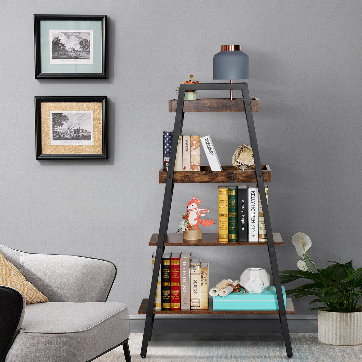 Book Shelf,4 Tier A-Shaped Industrial Wooden Ladder Bookcase Metal Frame with Storage,Open Display,Decorative and Plant Stand for Living Room/Farmhouse/Bedroom/Home Office/Bathroom