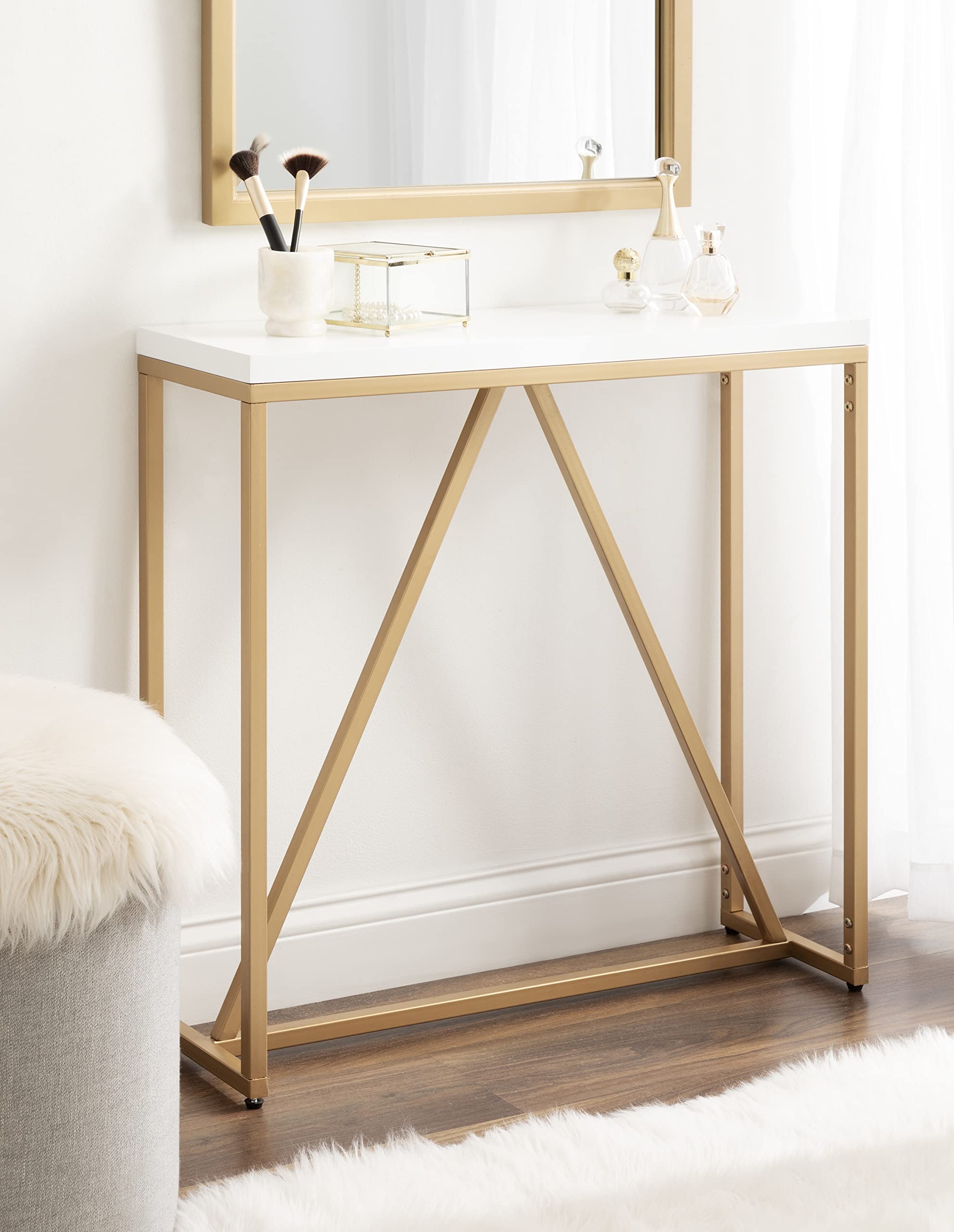 Laurel Kaya Modern Glam Console Table, 30 x 30 x 10, White and Painted Gold, Rectangle