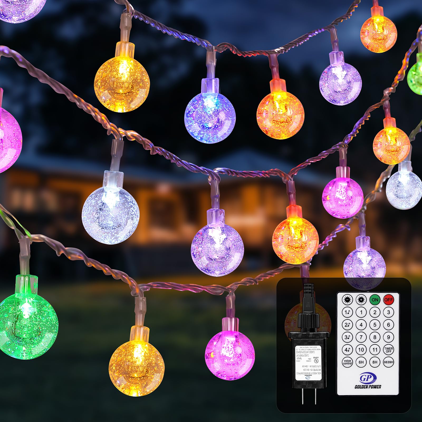 Outdoor String Lights, 100 LED Patio Lights with Remote Control, Voice-Activated & Music