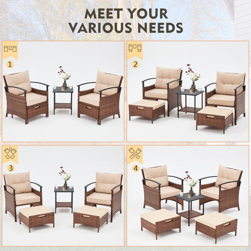 5 Pieces Patio Furniture Set, Outdoor Rattan Chairs with Metal Coffee Table
