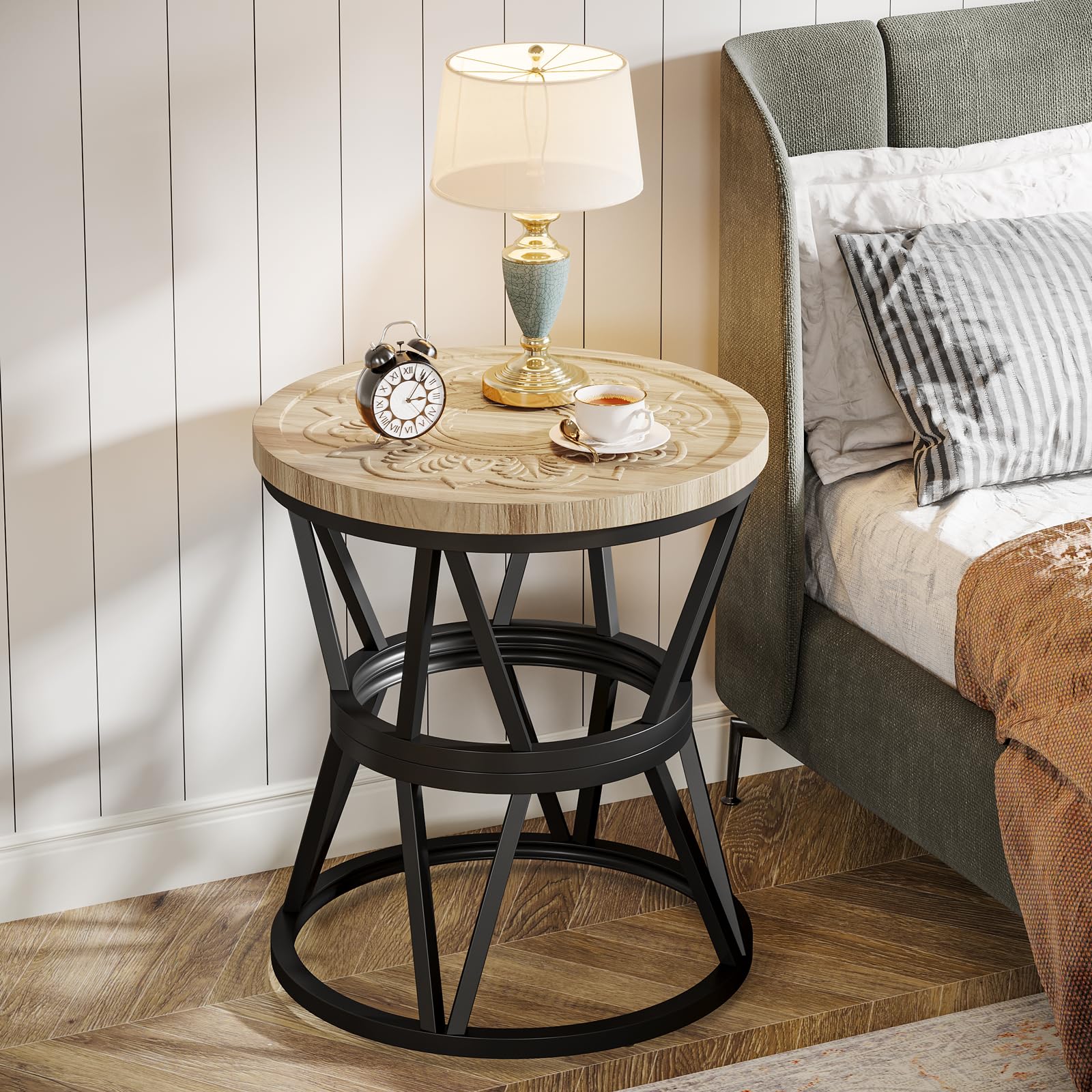 Side Table Set of 2, Round Carved End Table for Living Room