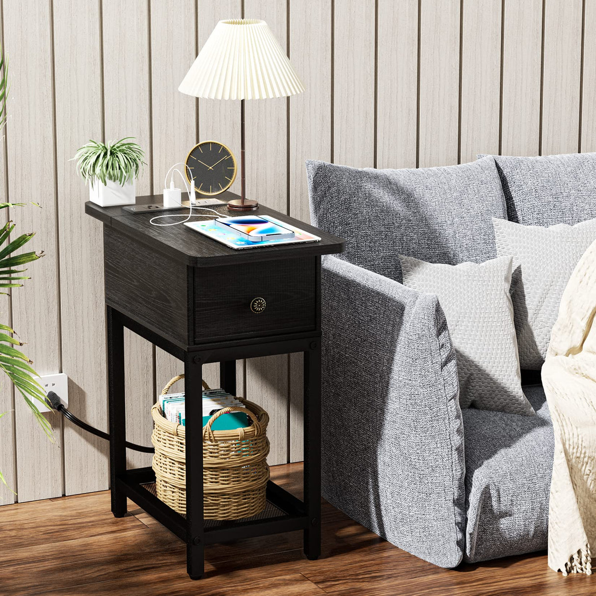 Side Table Night Stands End Table with Charging Station Drawers Narrow Side Table Living