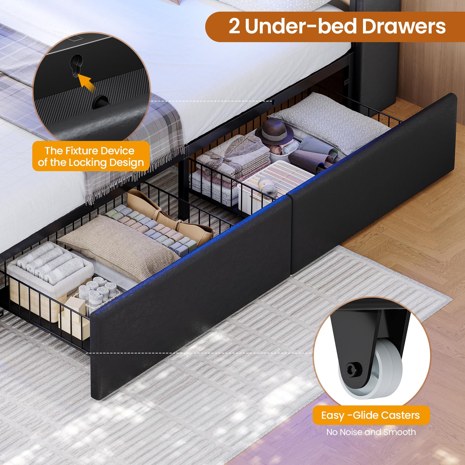 Queen Gaming Bed with RGB Lights & Storage