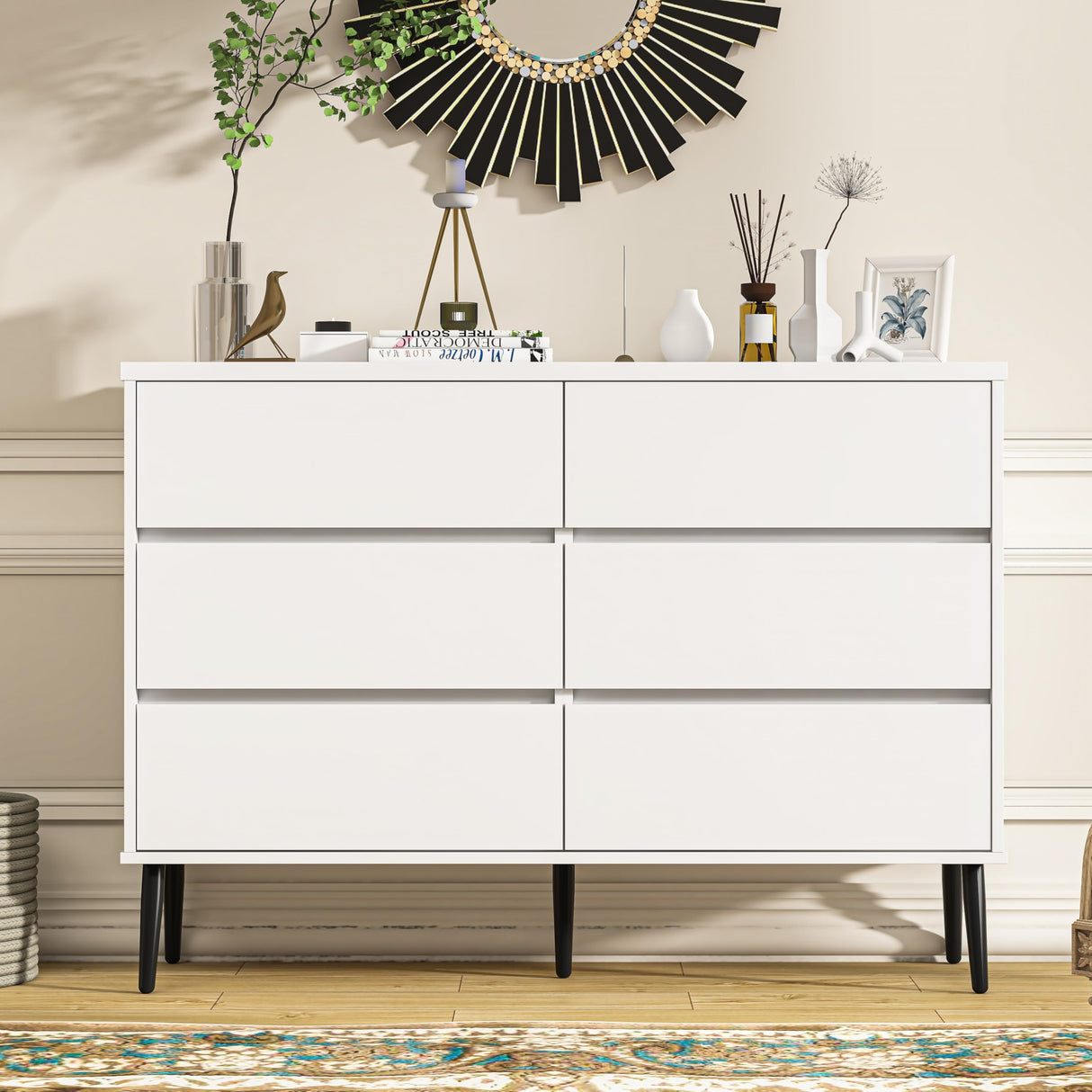 White Dresser for Bedroom, 6 Drawer Modern Double Dresser with Invisible Handles