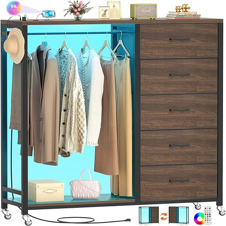 Dresser with Clothes Rack, 5 Drawers Dresser with Charging Station & LED Lights