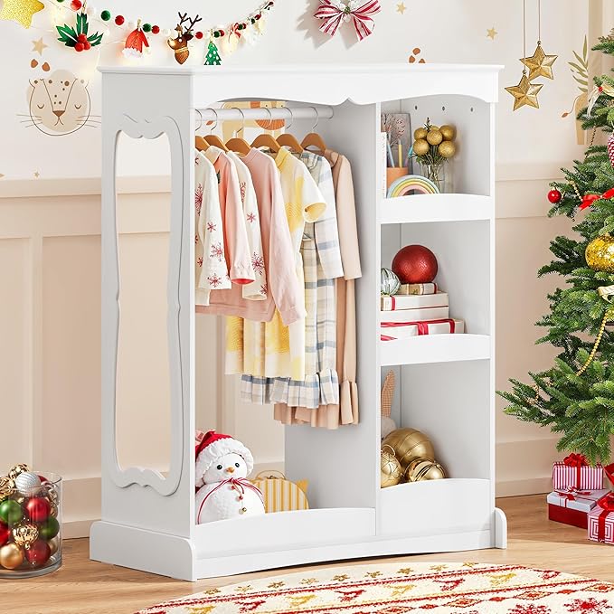 Kids Dress Up Storage with Flower Mirror, Open Hanging Closet Wardrobe for Children