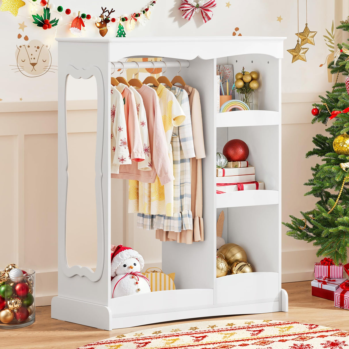 Kids Dress Up Storage with Flower Mirror, Open Hanging Closet Wardrobe for Children