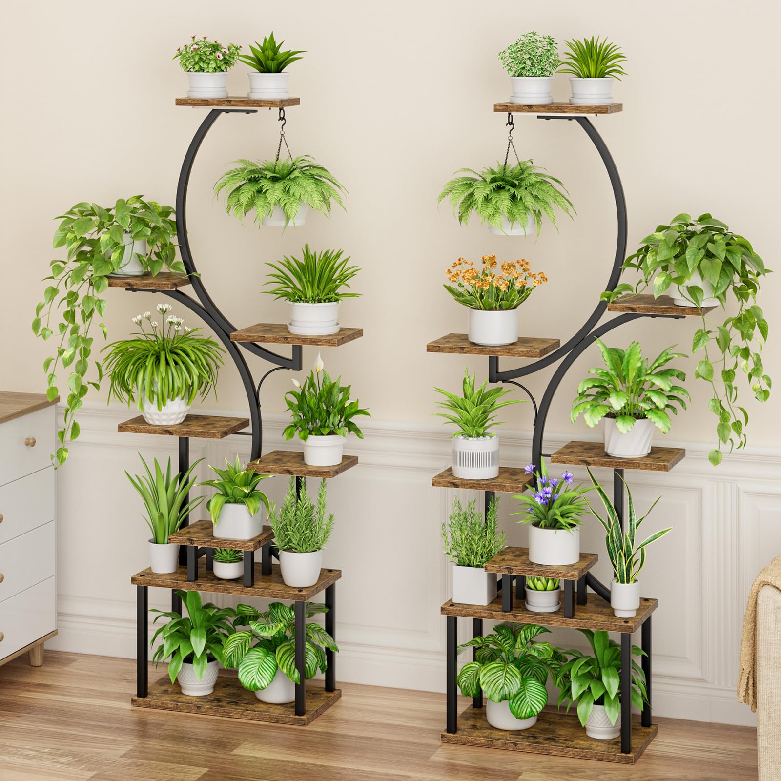 BACEKOLL Plant Stand Indoor with Grow Light - 2 Pack Tall Indoor Plant Shelf, 62" Corner Plant Holder, 8 Tiered Large S-Shape Flower Multiple Display Shelves for Home, Office