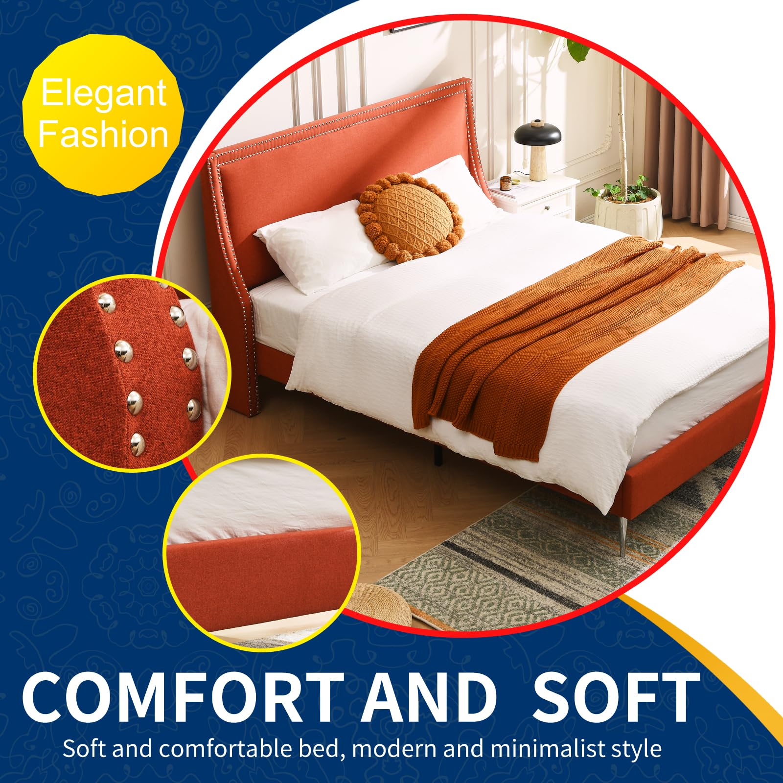 Upholstered Platform Bed Frame,Twin Wingback Headboard Inlaid with Metal Brass Nails,