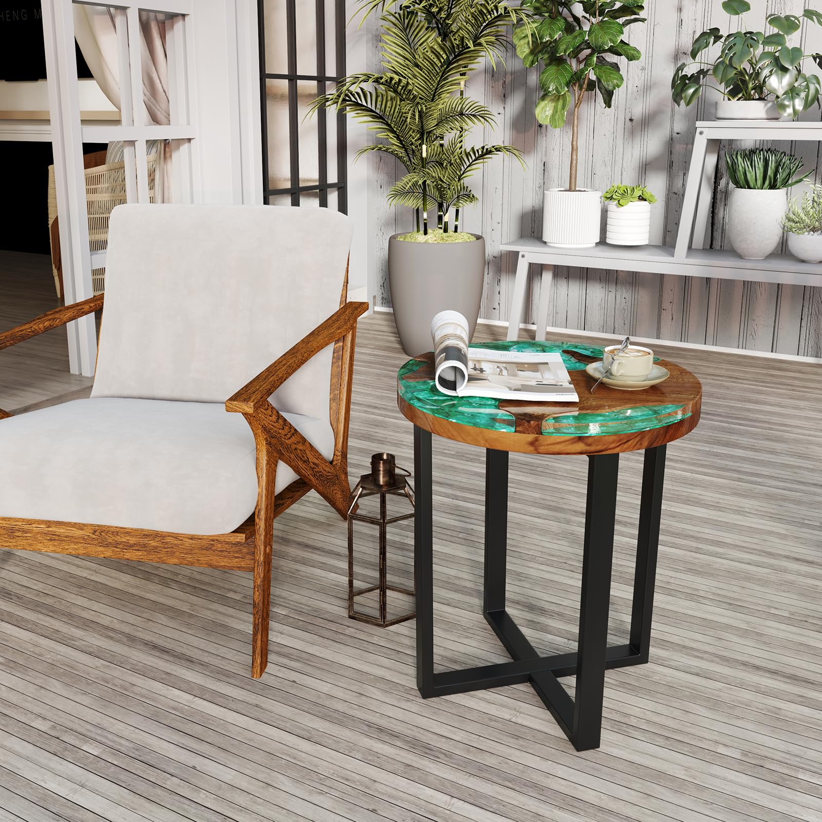 20” Teak Wood Outdoor Side Table - Round End Table with Epoxy Resin Tabletop