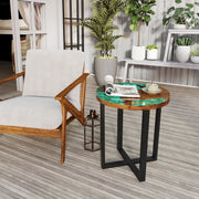 20” Teak Wood Outdoor Side Table - Round End Table with Epoxy Resin Tabletop