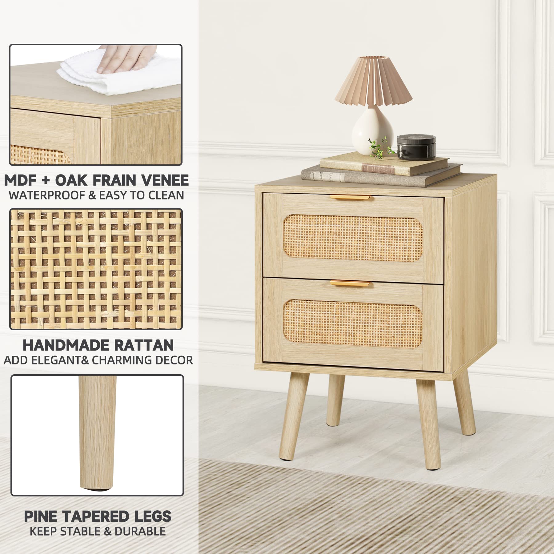 Set of 2 Nightstands Wooden Night Stands with Rattan Drawers Home Bedside End Table