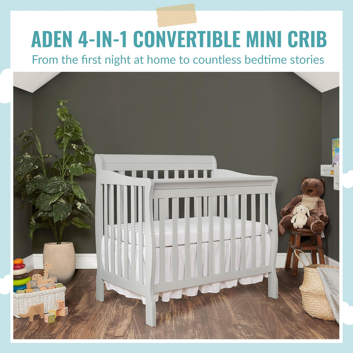 Aden 4-in-1 Convertible Mini Crib In Grey, Greenguard Gold Certified, Non-Toxic Finish, New Zealand Pinewood, With 3 Mattress Height Settings