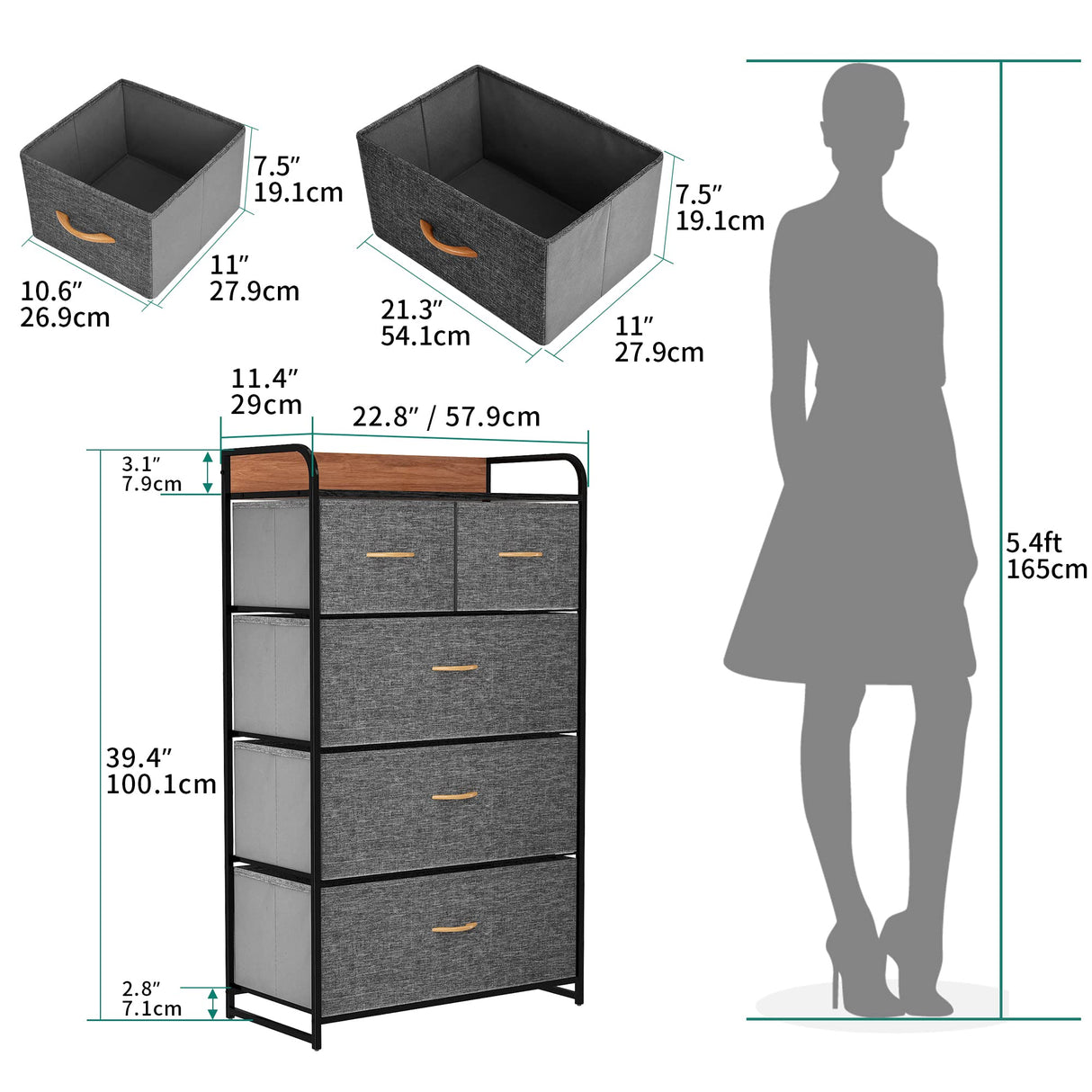 Fabric Dresser with 5 Drawers - Storage Tower with Large Capacity