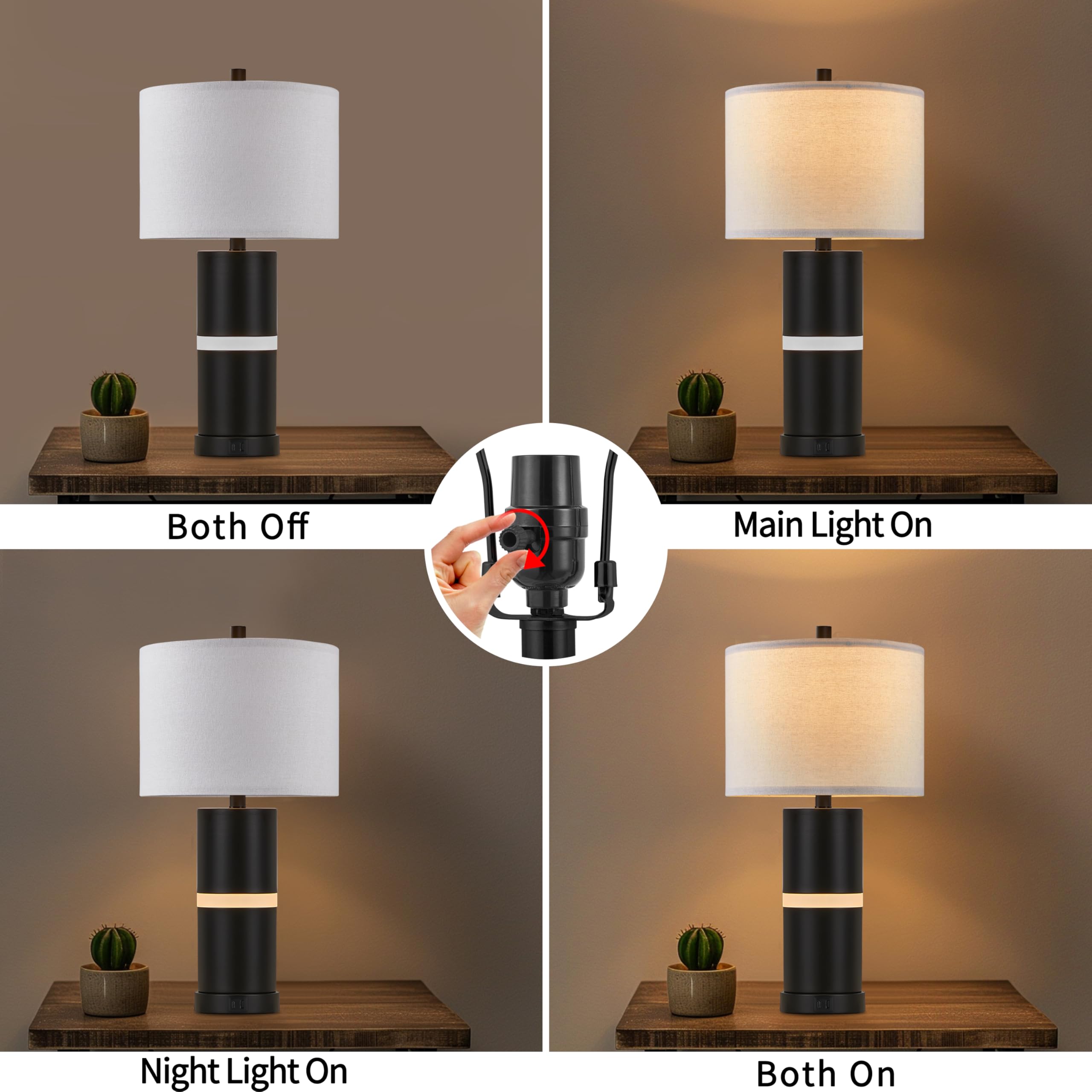23.25" Black USB Table Lamp Set with Built-in Night Light (Set of 2)