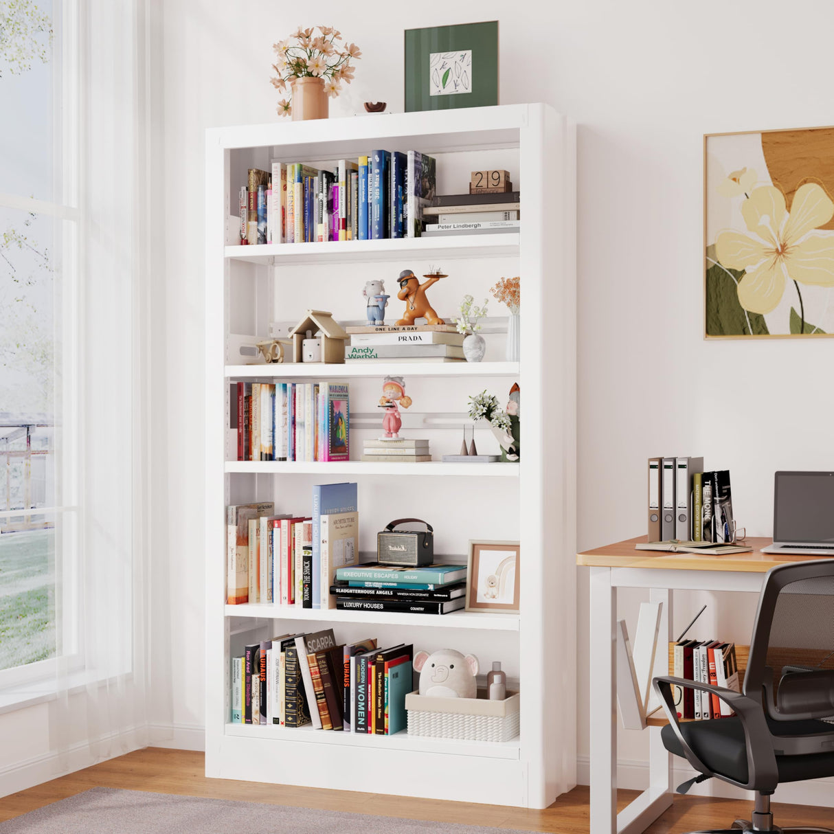 71" Tall Bookshelf 5 Tier Metal Bookshelf with Adjustable Storage Shelves Library Bookcase