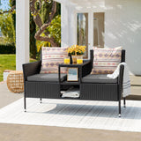 Devoko Outdoor Patio Loveseat Modern Rattan 2-Seat Patio Conversation Set with Cushions & Built-in Coffee Table Porch Furniture for Garden Lawn Backyard (Grey)