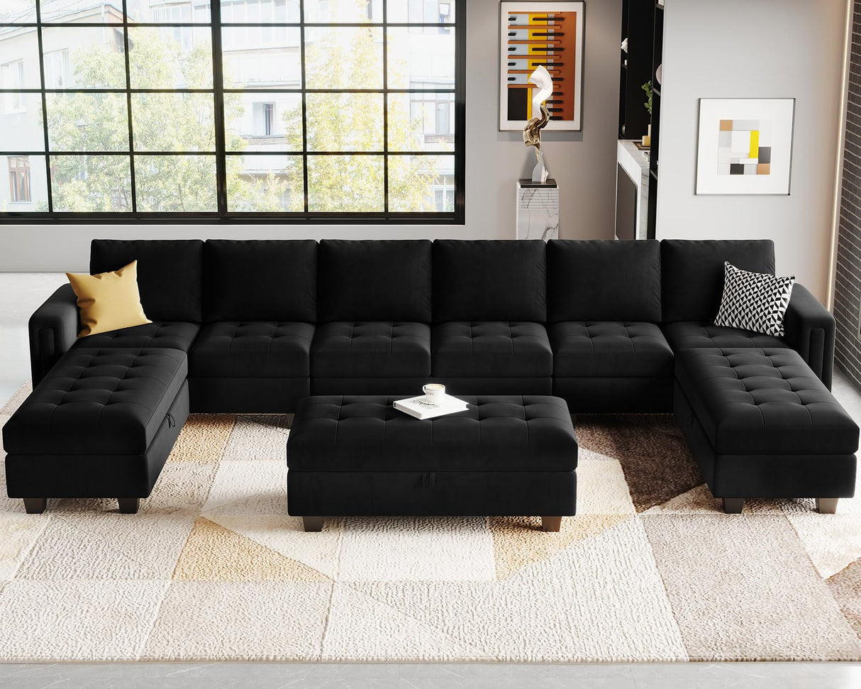 Velvet U Shaped Modular Sectional Sofa Set with Storage Ottoman, 8 Seater, Black