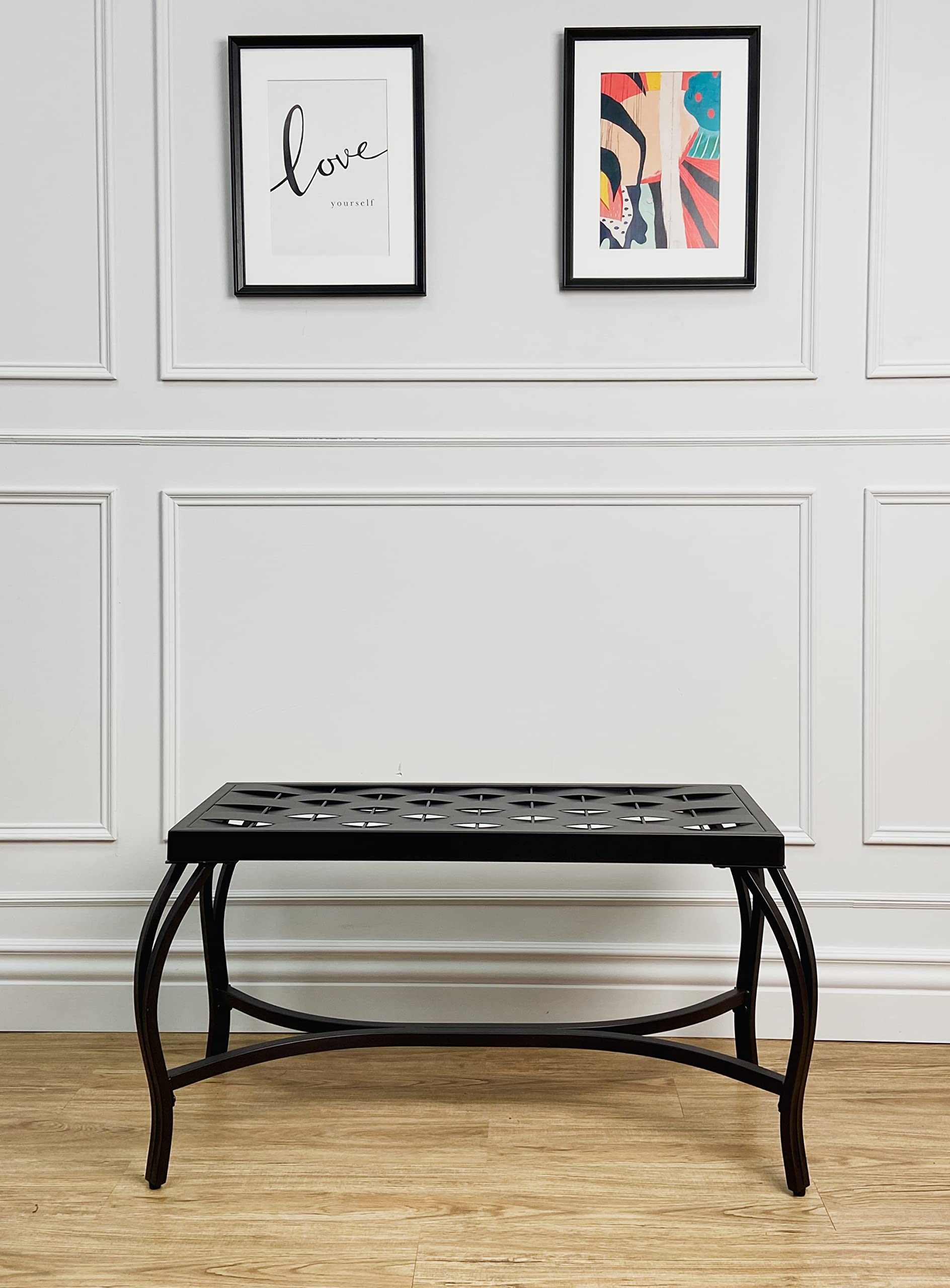 Free Standing Patio Garden Weave Bench, Metal Bronzed Black