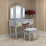 Vanity Desk with Stool, Drawers, 3 Sided Mirrors, Wood Frame, Silver and Gray